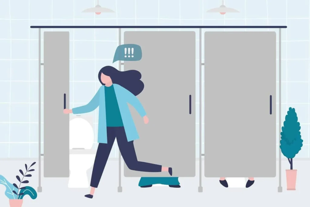 graphic of Urine incontinence Huddersfield woman running to the toilet.