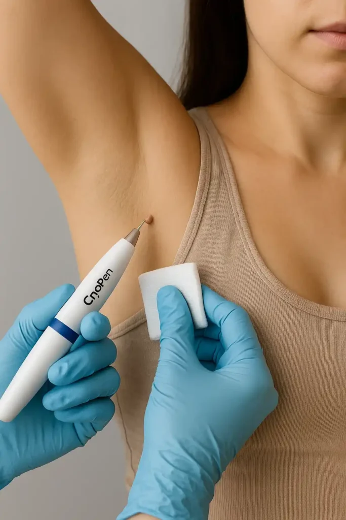 woman having cryopen to remove underarm skin tags Huddersfield