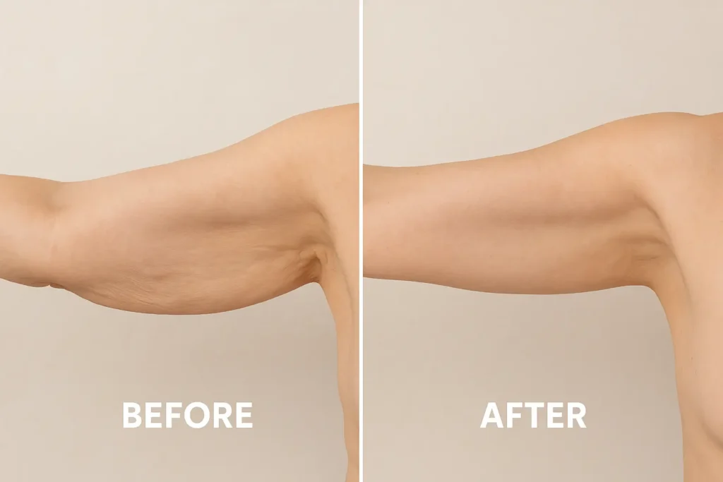 Picture of LA LIPO Huddersfield before and after results of skin tightening treatment on the upper arms.