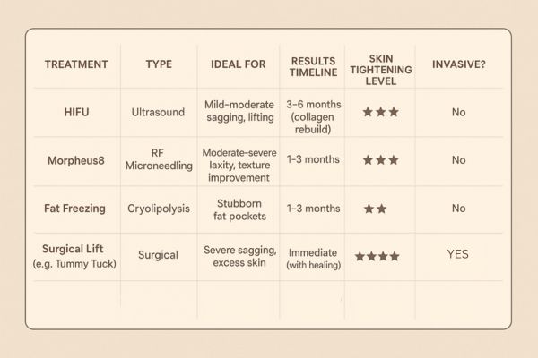 Table showing the comparisons of Skin tightening Huddersfield treatment options.